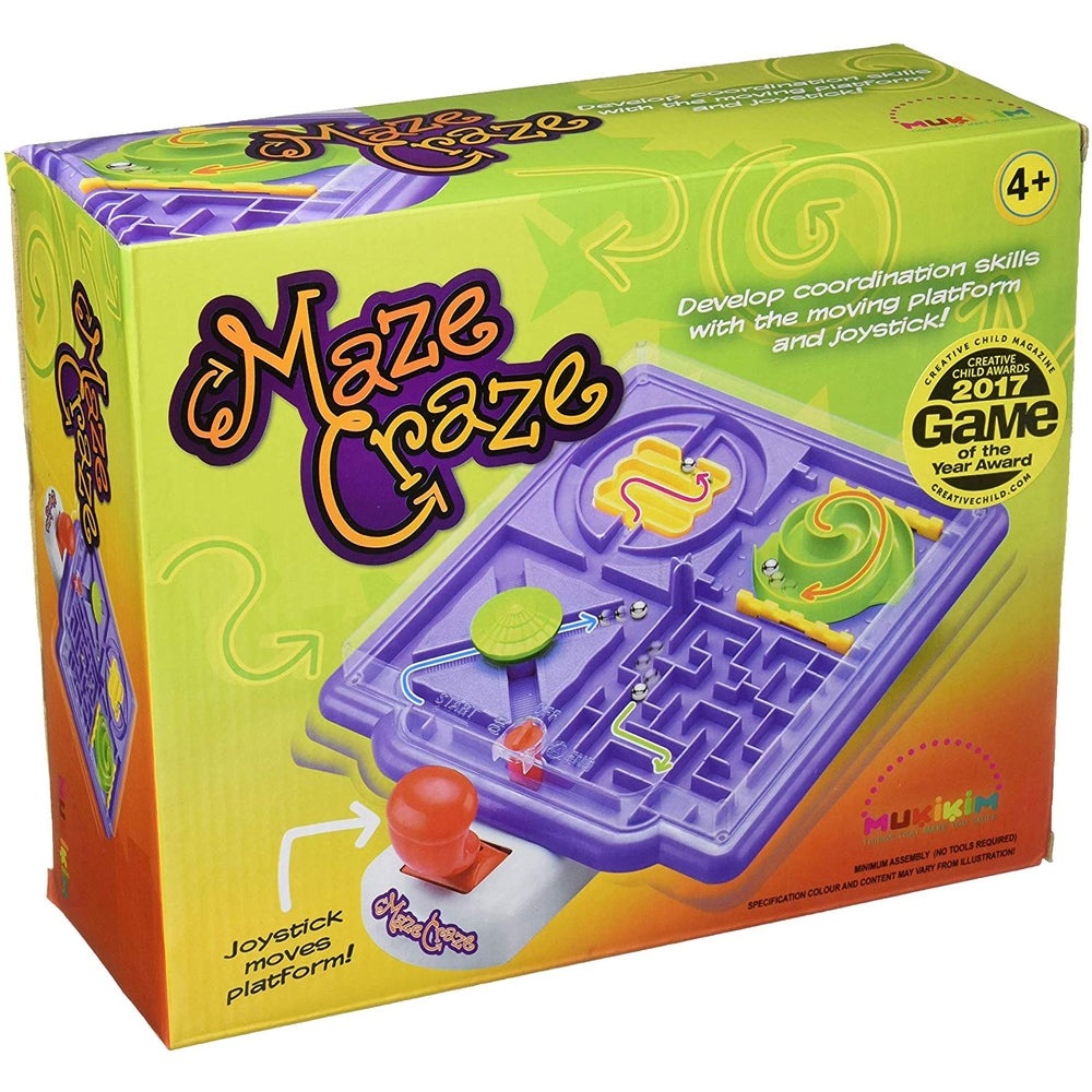 Maze Craze Square by Mukikim; purple maze board with green joystick and yellow accents