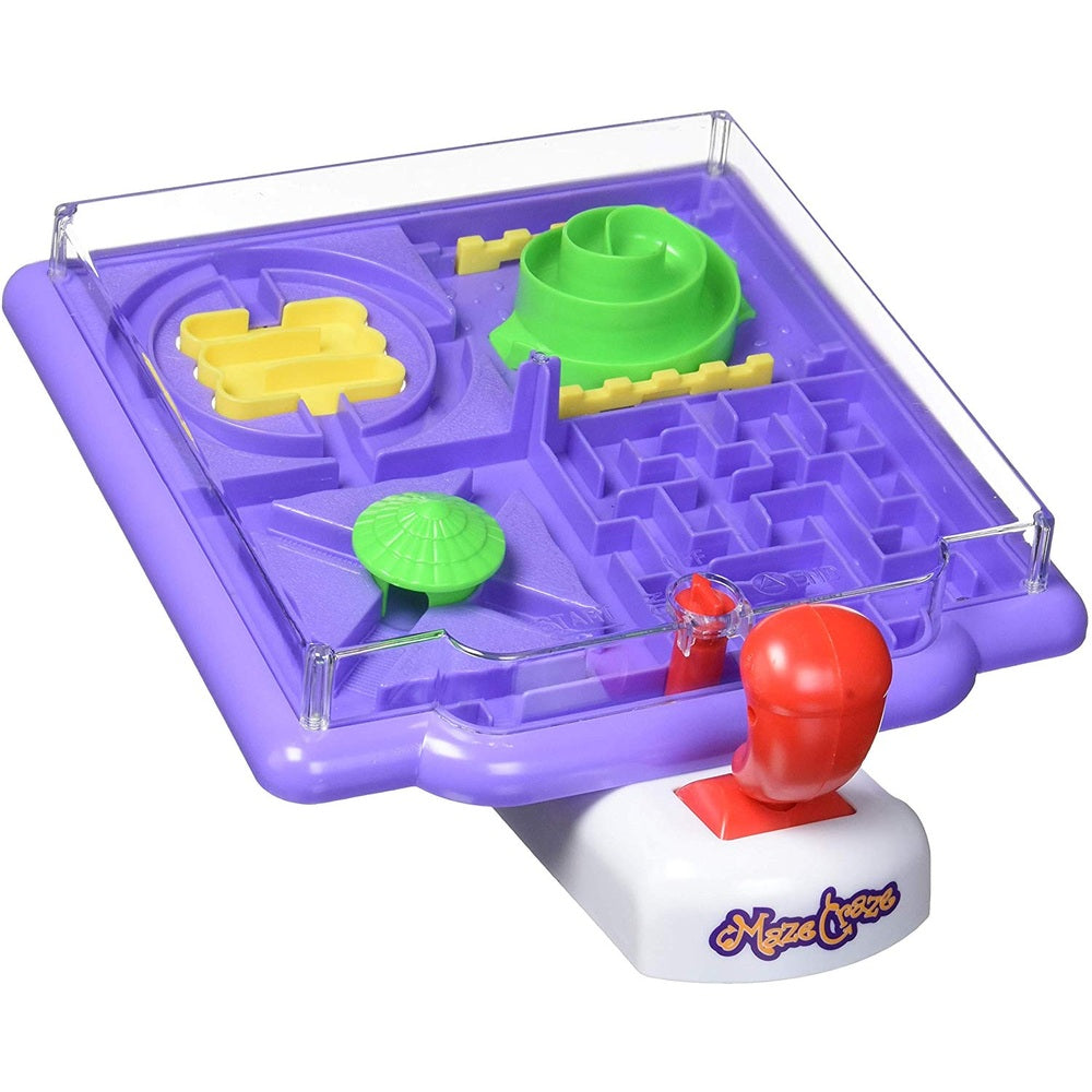 Mukikim Maze Craze Square puzzle game in purple with green and yellow maze pieces, clear lid