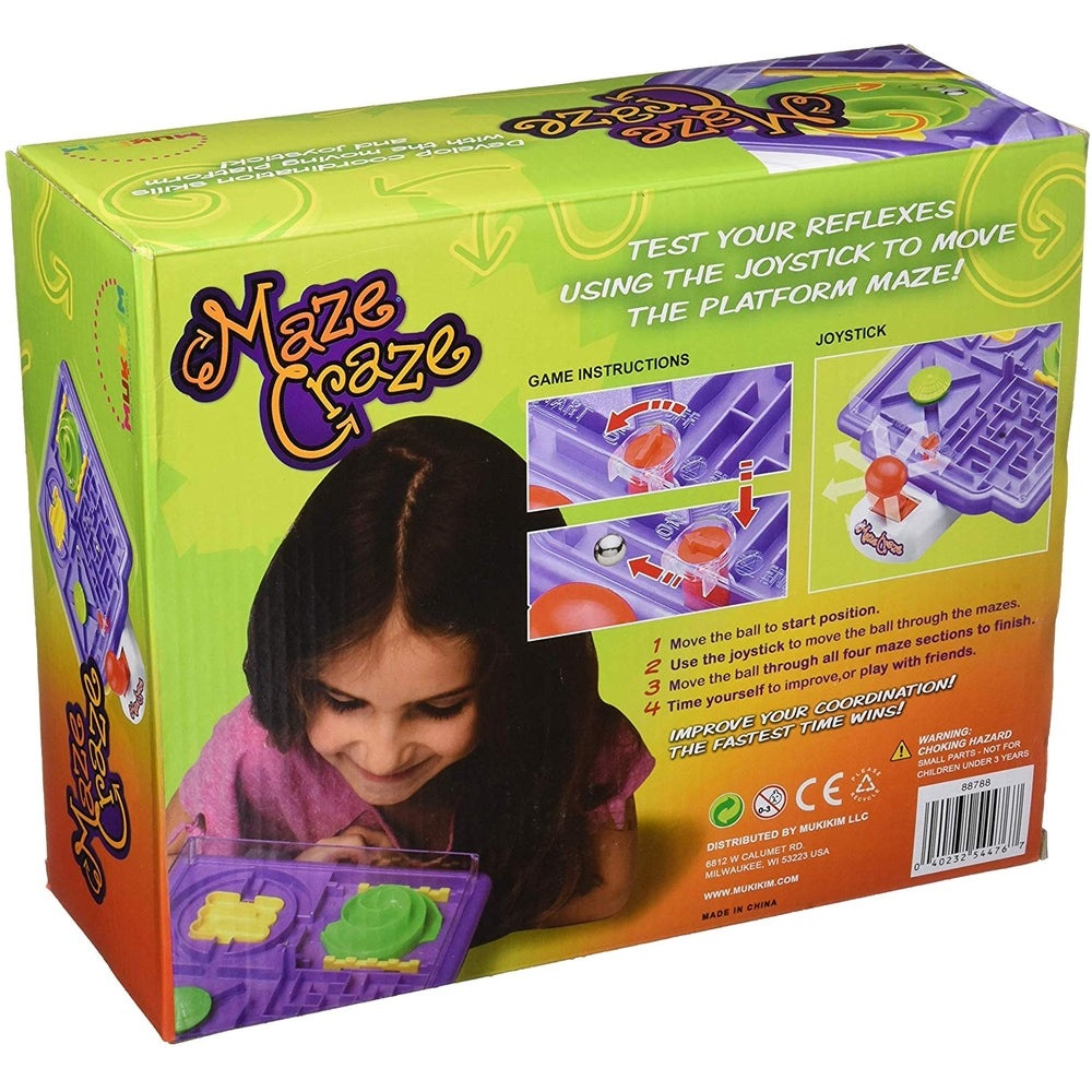 Mukikim Maze Craze Square game box in bright green and purple with maze pieces.