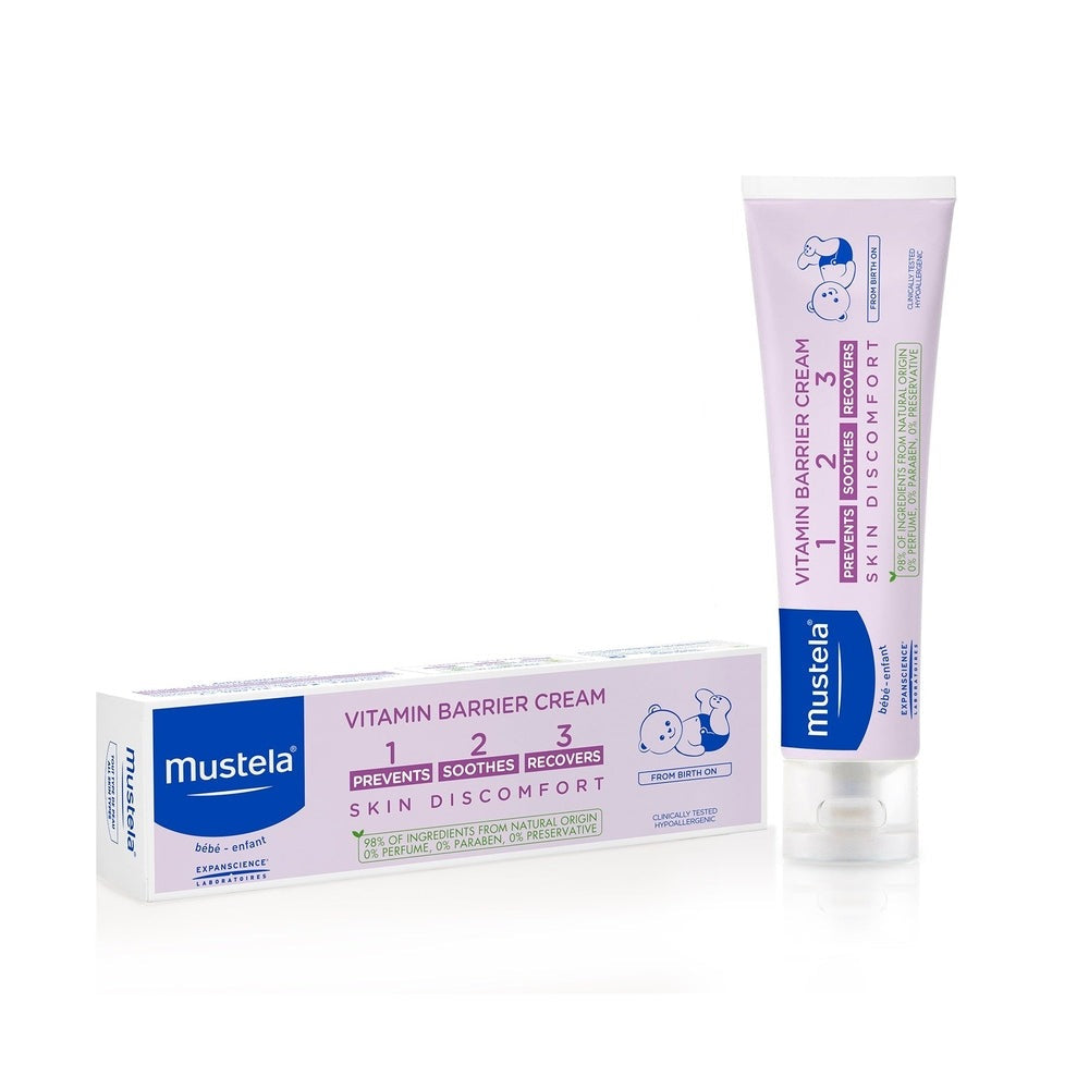 Mustela 1 2 3 Vitamin Barrier Cream tube and box, lavender packaging with blue logo, baby skin care