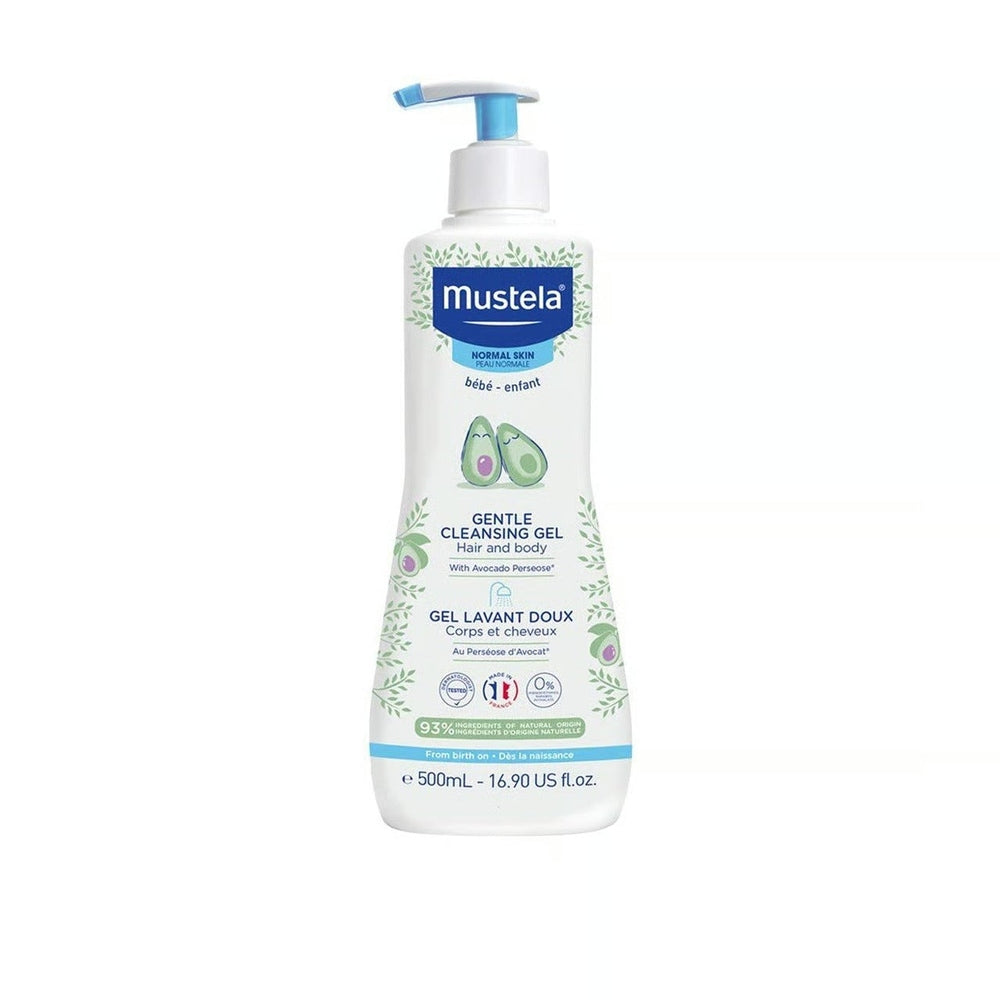 Mustela 2 In 1 Cleansing Gel With Avocado 500 ml bottle with blue pump dispensing gentle hair and body cleanser.