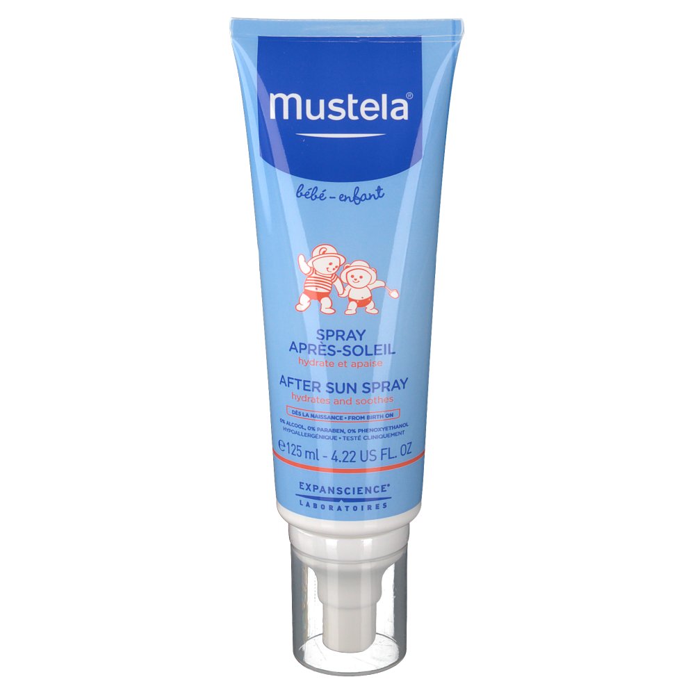 Mustela After Sun Spray 125 ml in blue tube with baby illustration, nozzle ready to spray on skin.