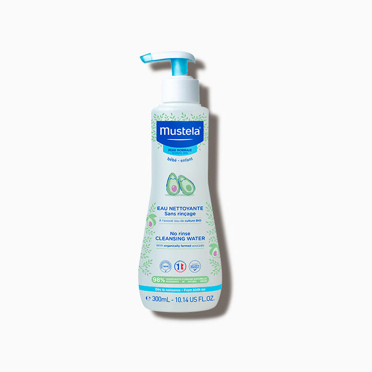 Mustela Baby Cleansing Water with Organic Avocado 300 ml, pump-top bottle for no-rinse baby cleansing.