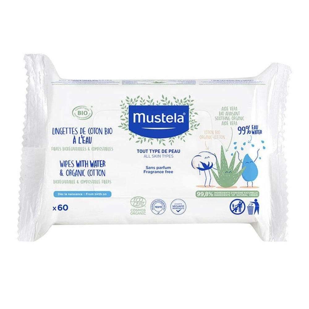 Mustela organic cotton wipes with water, 60 pc, fragrance-free for all skin types