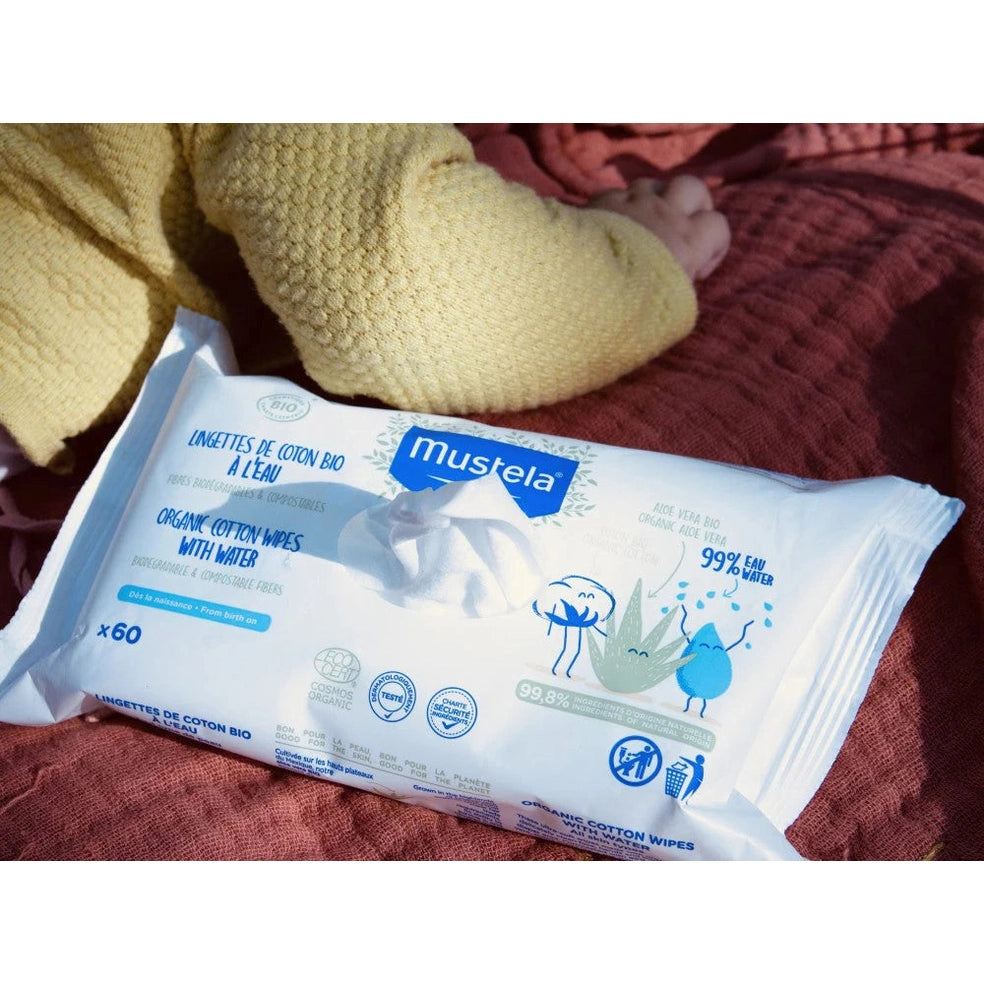 Mustela organic cotton wipes with water, 60 count, blue and white package.