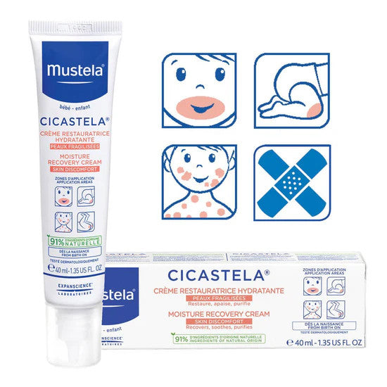 Mustela Cicastela Moisture Recovery Cream for babies, 40 ml tube and box, hydrating skincare