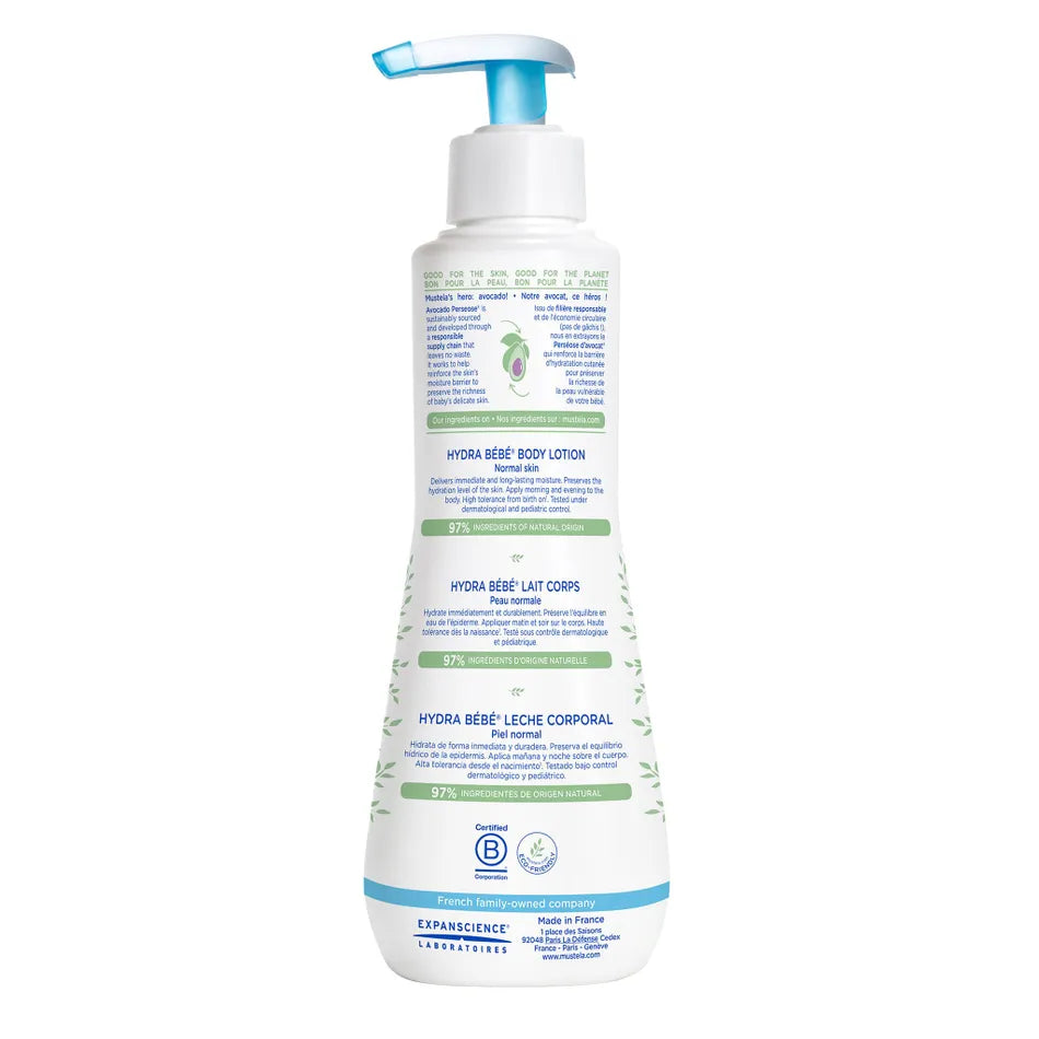 Mustela Hydra Bebe Body Lotion with Avocado 300 ml, pump bottle dispensing moisturizer for normal skin