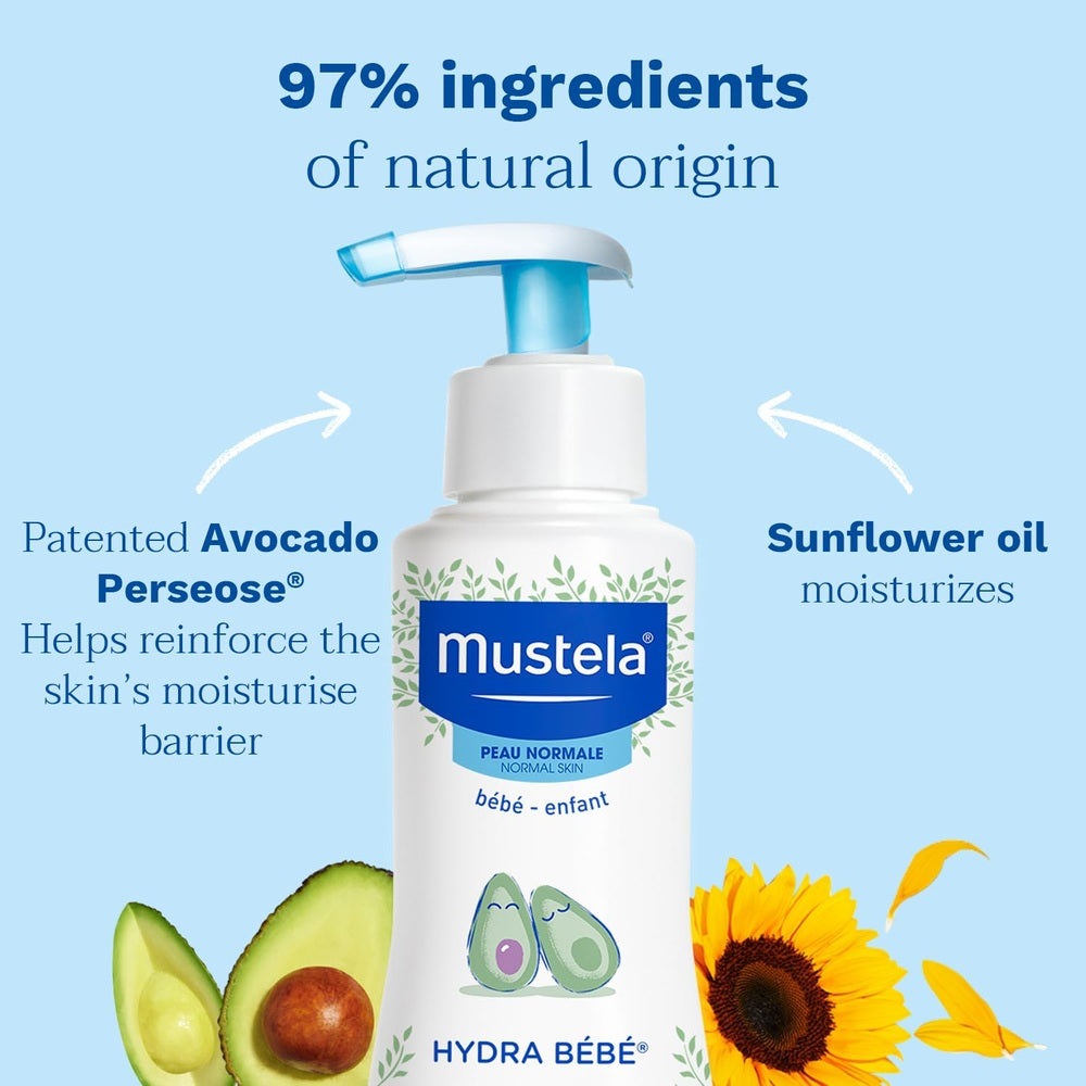 Mustela Hydra Bebe Body Lotion with Avocado 300 ml pump bottle, dispensed by a pump amid avocado halves.