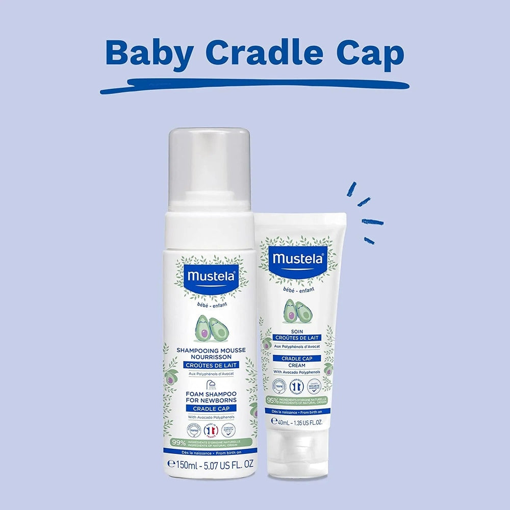 Mustela infant foam shampoo 150 ml and cradle cap cream, white bottles with blue labels