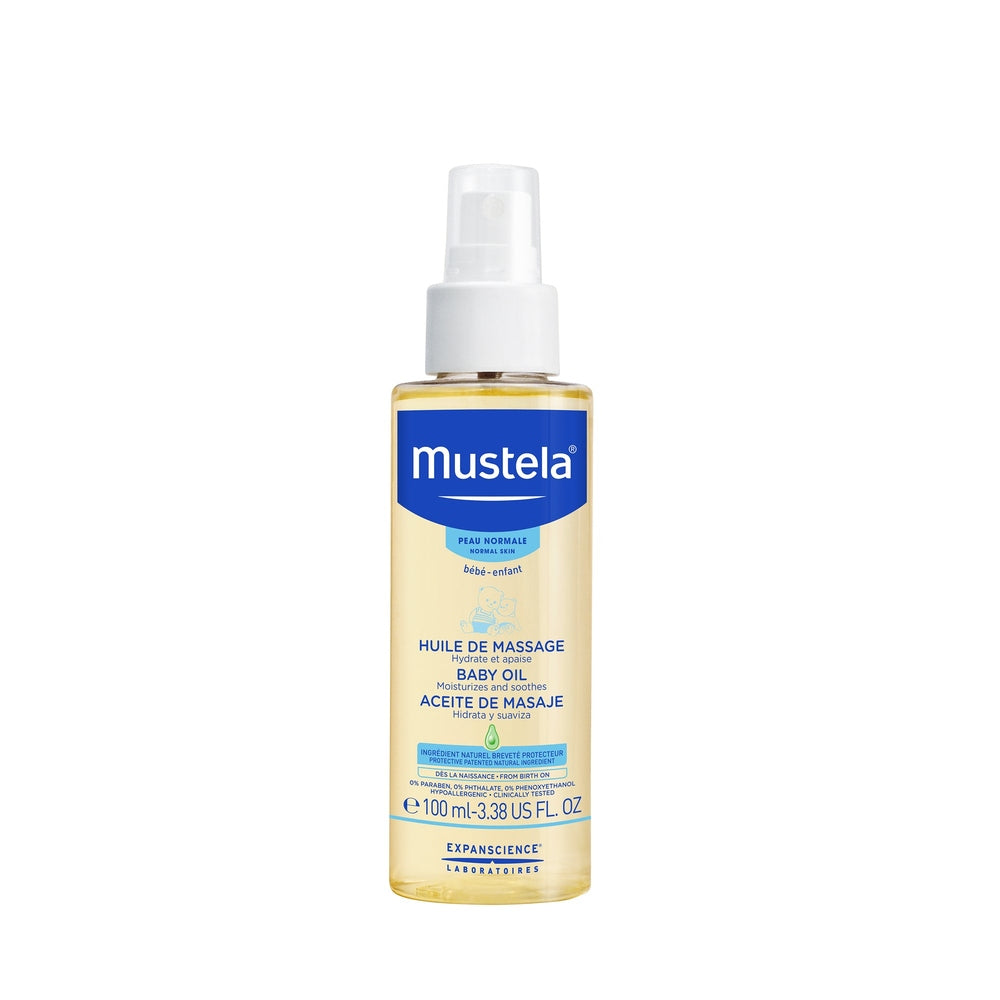 Mustela Massage Oil 100 ml spray bottle, clear liquid for soothing baby skin during massage
