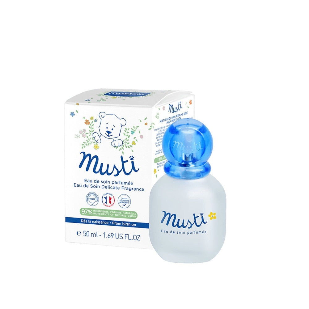 Mustela Musti perfumed treatment water 50 ml bottle with blue cap beside the box