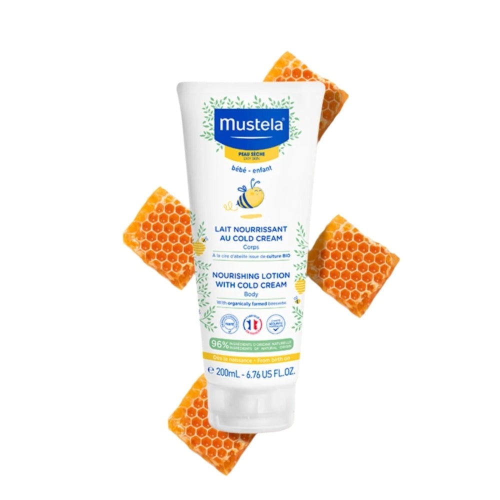 Mustela Nourishing Lotion with Cold Cream and Beeswax, 200 ml tube with blue logo and honeycomb accents