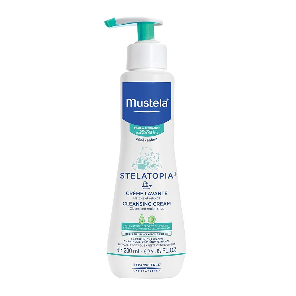 Mustela Stelatopia Cleansing Cream 200 ml bottle with pump, white bottle, blue label, dispenses gentle cleansing cream.