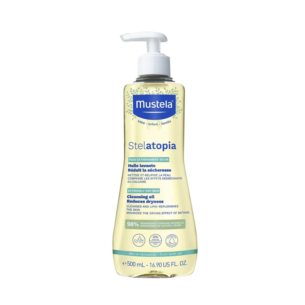 Mustela Stelatopia cleansing oil, organic sunflower, 500 ml bottle for extremely dry baby skin