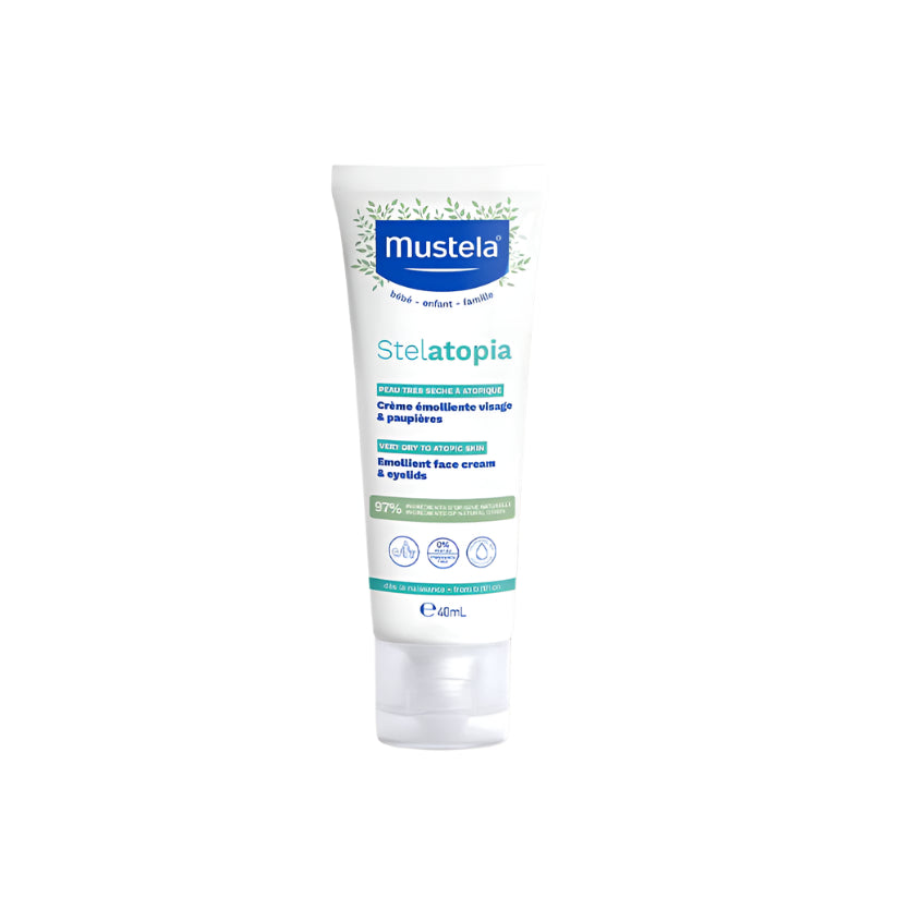 Mustela Stelatopia emollient facial cream for babies, 40 ml white tube with blue label