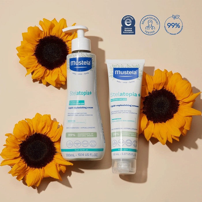 Mustela Stelatopia Lipid Replenishing Cream duo: 300 ml pump bottle + 150 ml tube with sunflowers