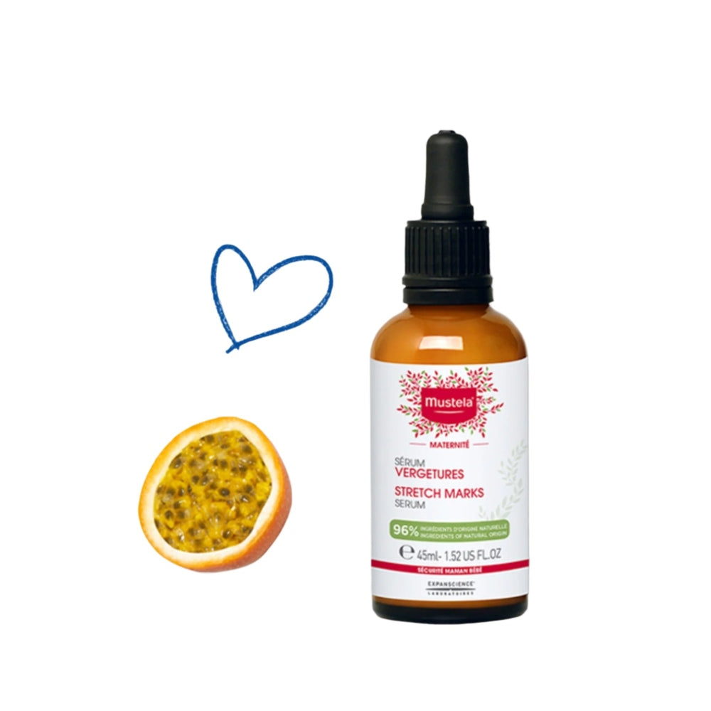 Mustela Stretch Marks Serum 45 ml orange bottle for maternity skincare by Mustela