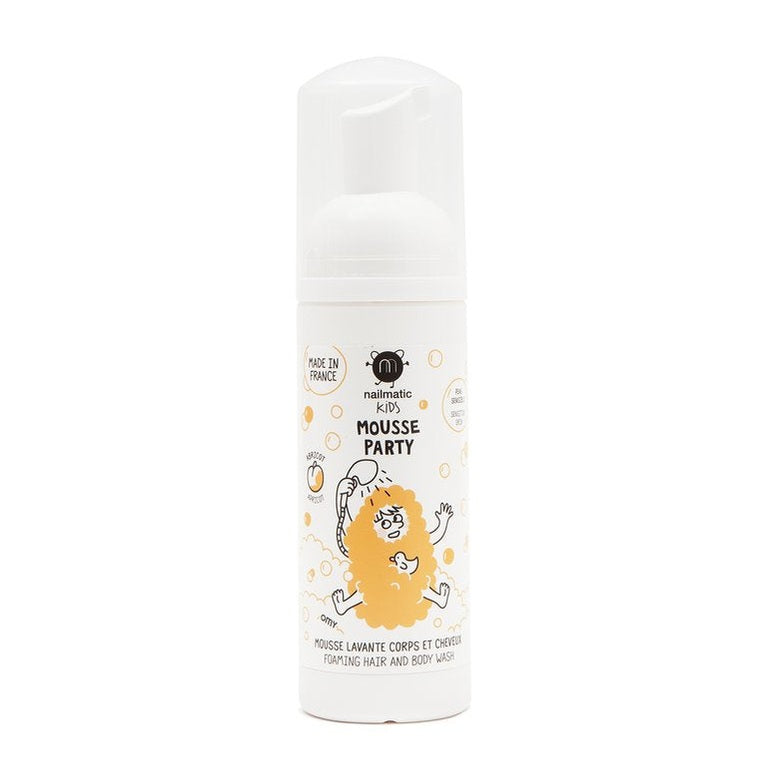 Nailmatic Mousse Party Apricot Hair & Body Foam for kids, foaming bath wash bottle