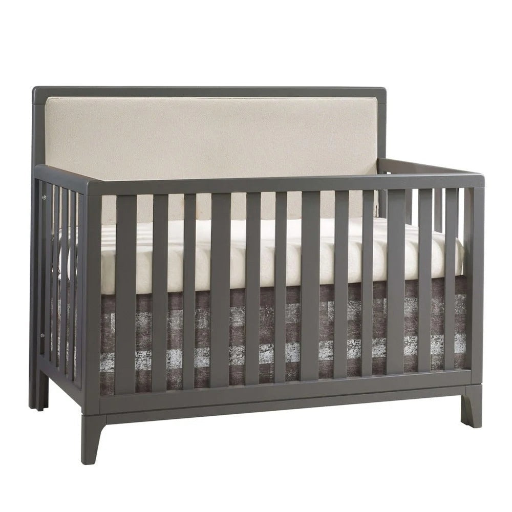 Natart Kyoto 5-in-1 convertible crib in gray with beige upholstered panel by NATART