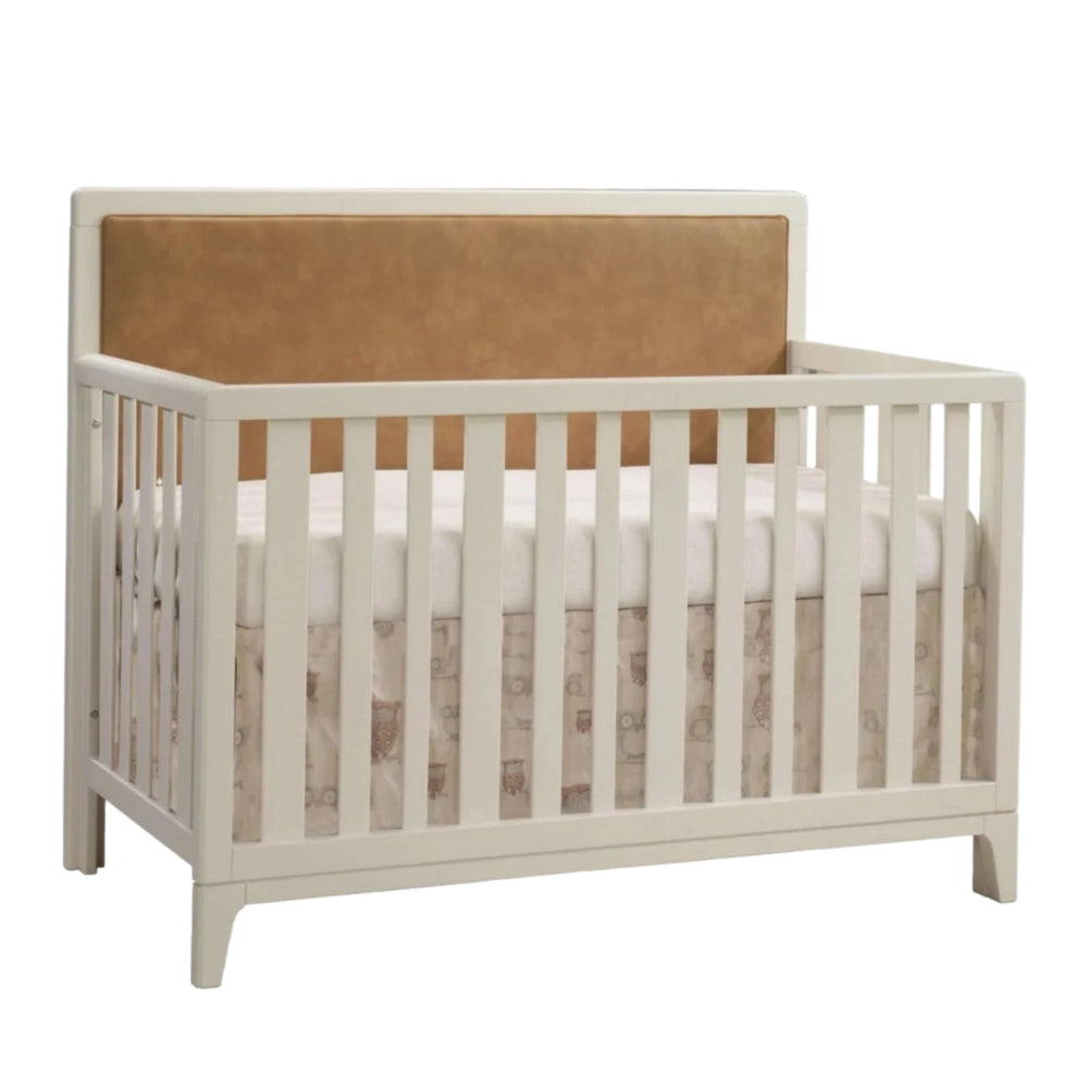 Natart Kyoto 5-in-1 convertible crib, white finish with brown leather upholstered panel