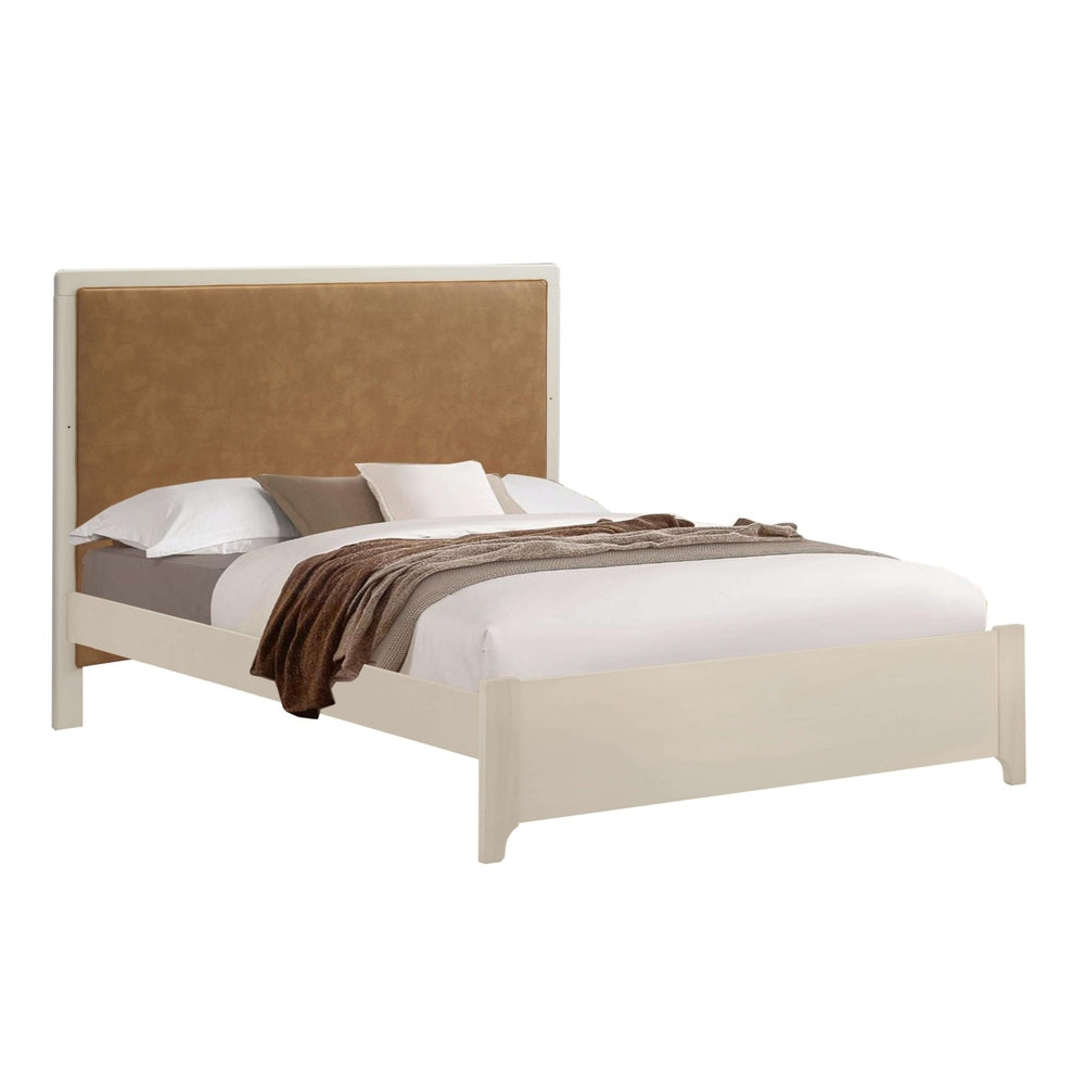 Natart Kyoto 54-inch double bed with low-profile footboard, beige frame and tan upholstered headboard