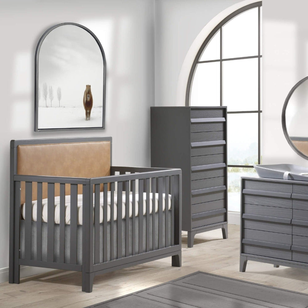 NATART Kyoto 54-inch crib in gray with a low-profile footboard; includes matching dresser and tall chest