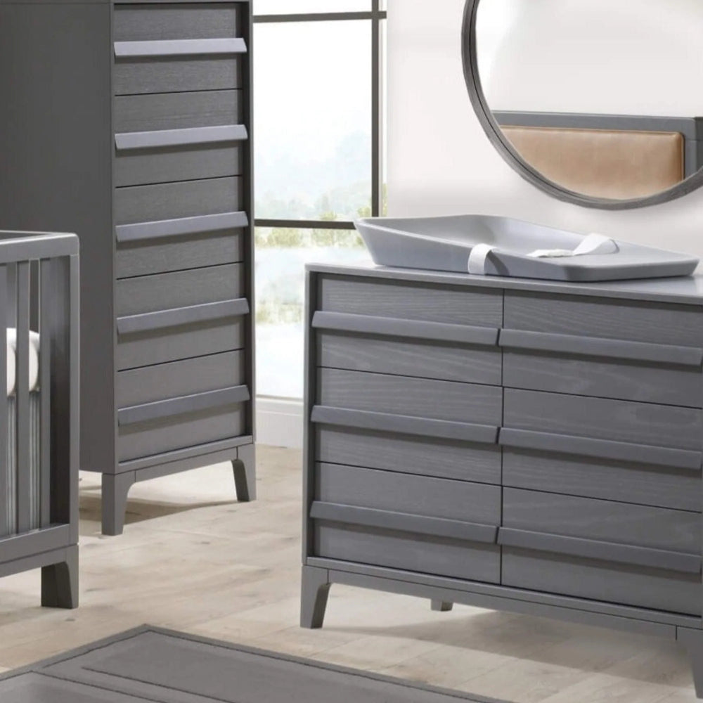Natart Kyoto Double Dresser in gray wood finish with wide stacked drawers and a white changing tray on top.