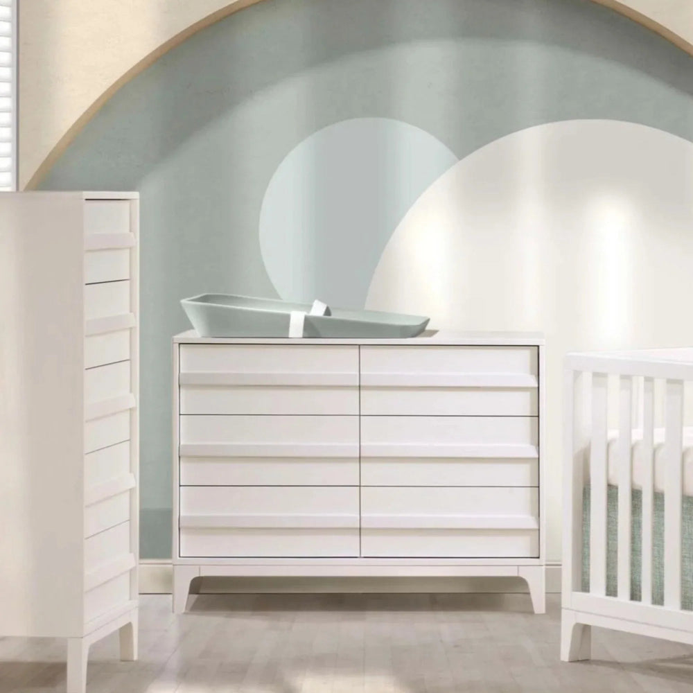 Natart Kyoto Double Dresser in white with six drawers and a pale blue changing tray on top.