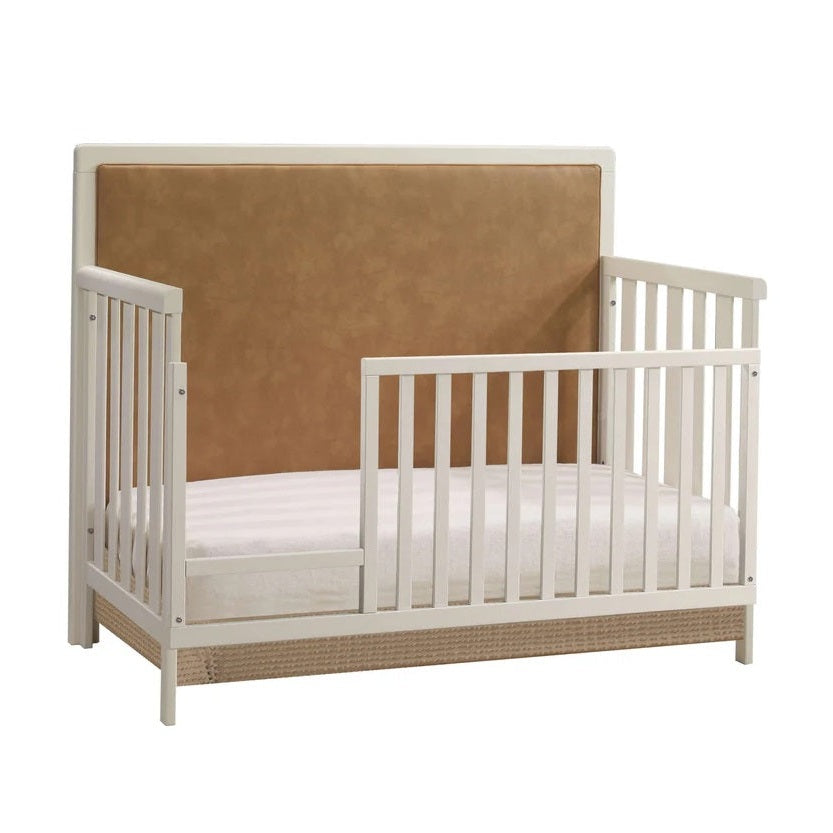 Natart Kyoto Toddler Gate, white wood with beige upholstered back panel and slatted sides