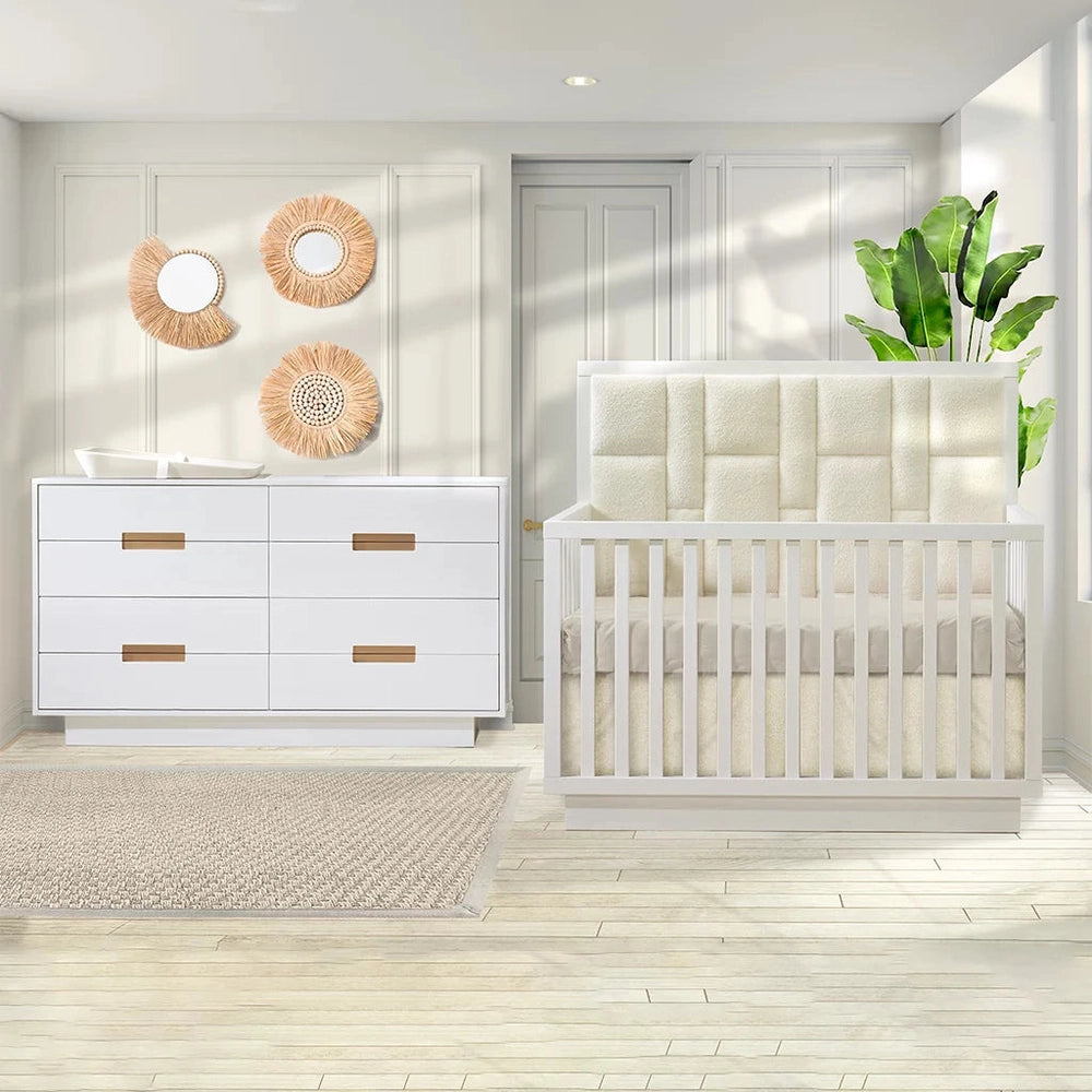 Natart Como 4-in-1 convertible crib with white geometric upholstered panel