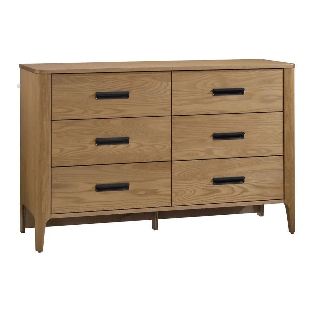 Natart Palo 6-drawer double dresser, light oak finish with black metal pulls.