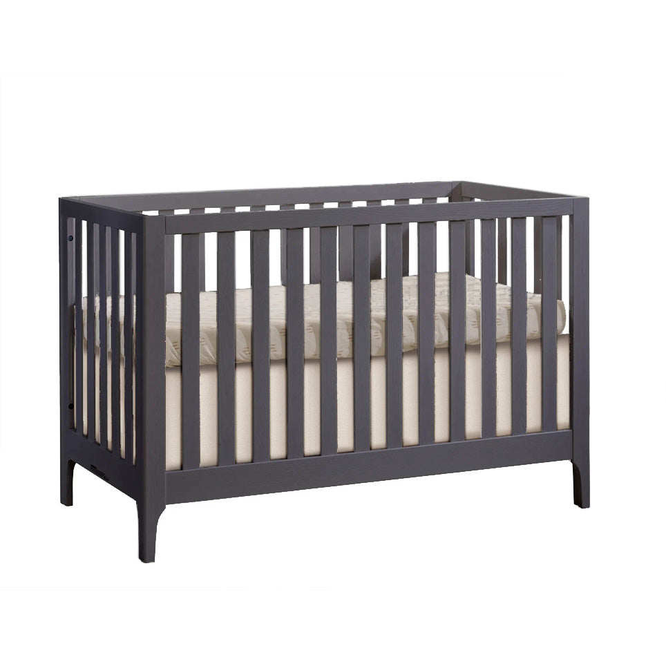 Natart Palo Island crib, dark gray wood with slat sides and mattress