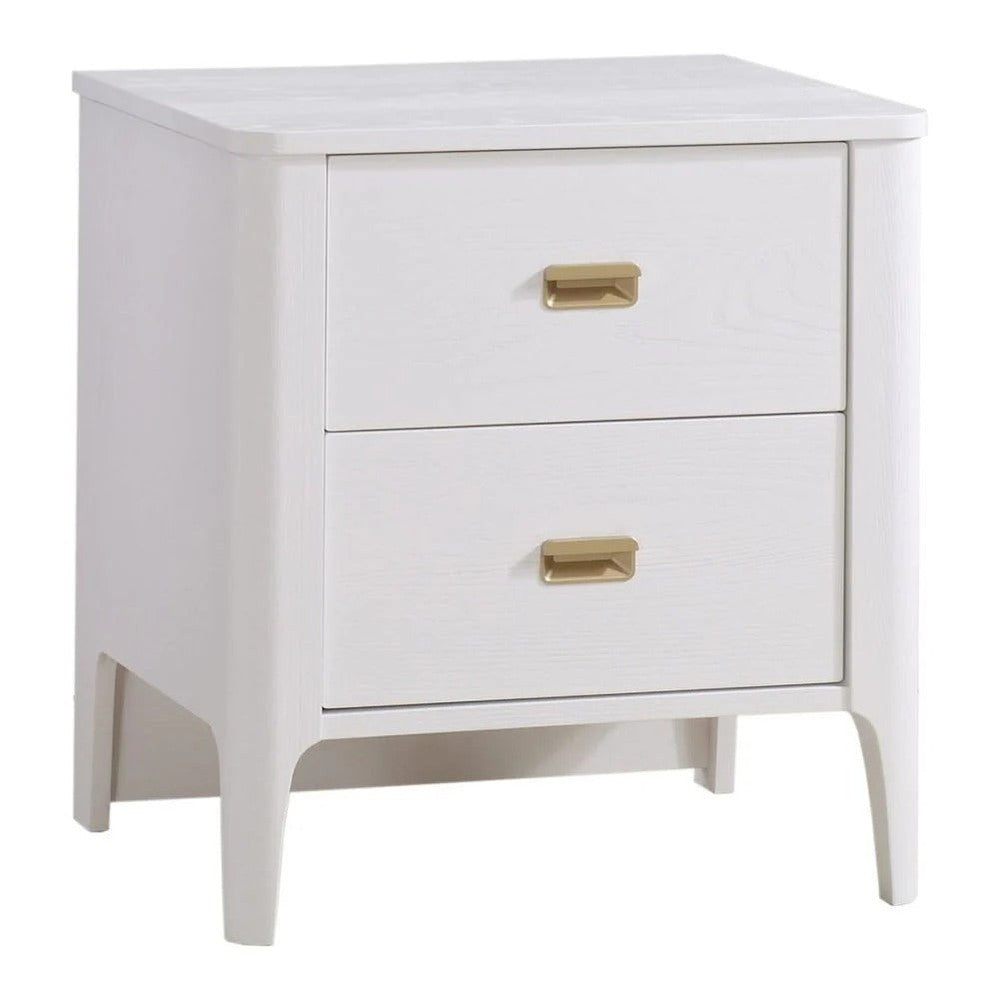Natart Palo nightstand, Signature Series, white wood with two drawers and gold-tone pulls