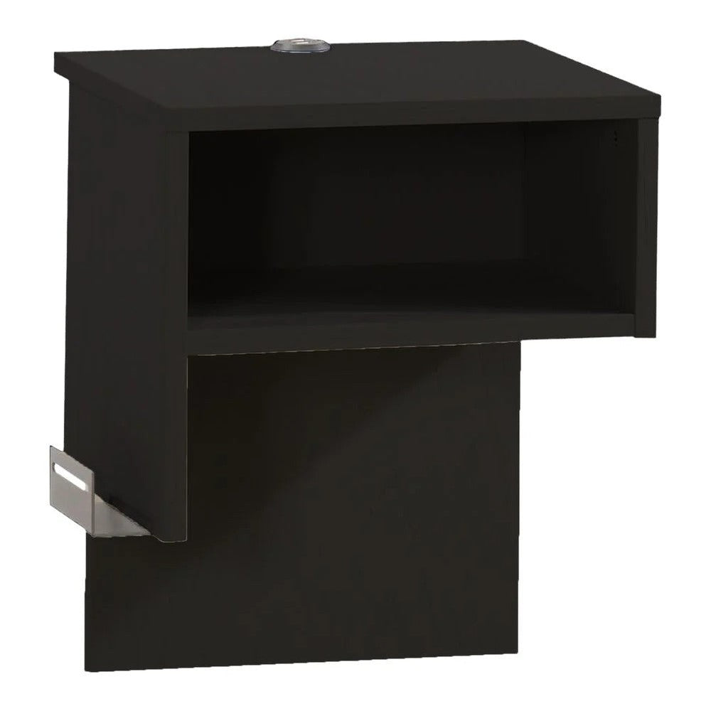 NATART Signature Series right-side media night table in black finish with open shelf and metal bracket detail
