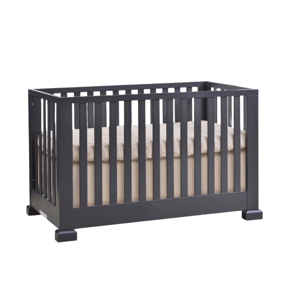 Natart Taylor Island crib in dark gray wood with slatted sides and beige mattress