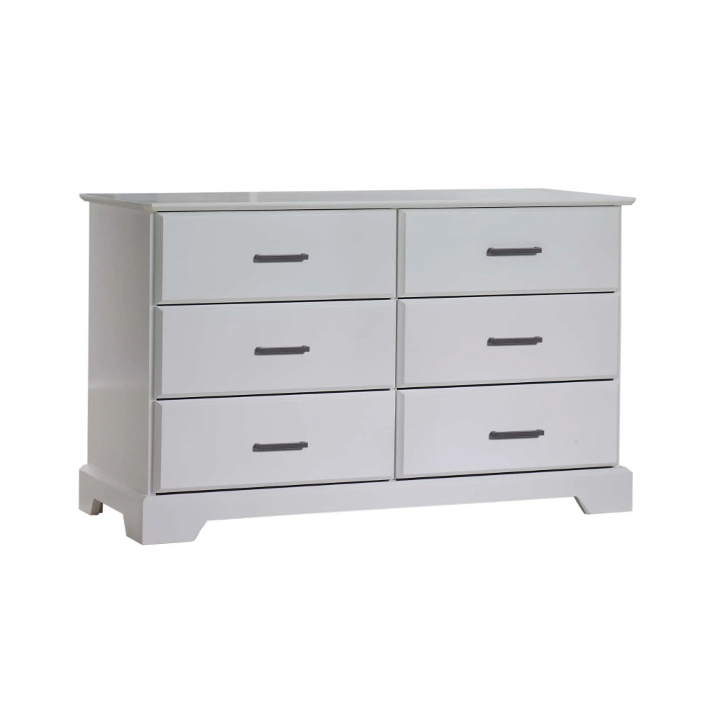Natart Taylor King dresser in white with six drawers and dark metal handles.
