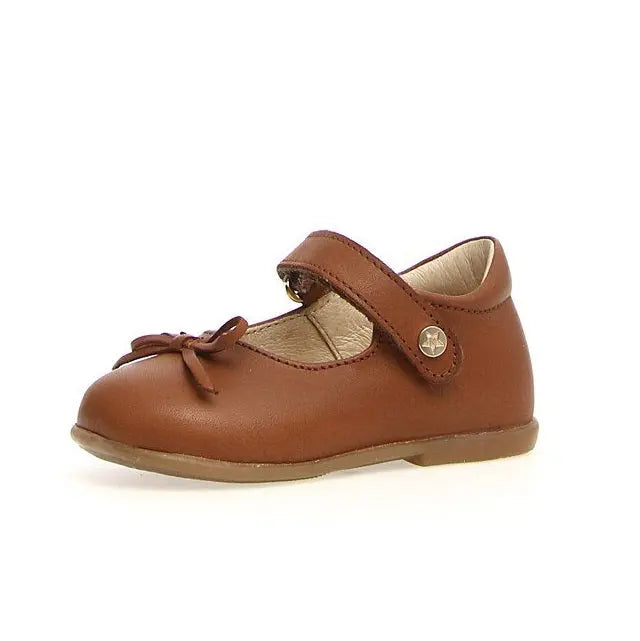 Naturino Ballet Leather Ballerinas With Bow Brown, a brown toddler Mary Jane with a strap and bow.