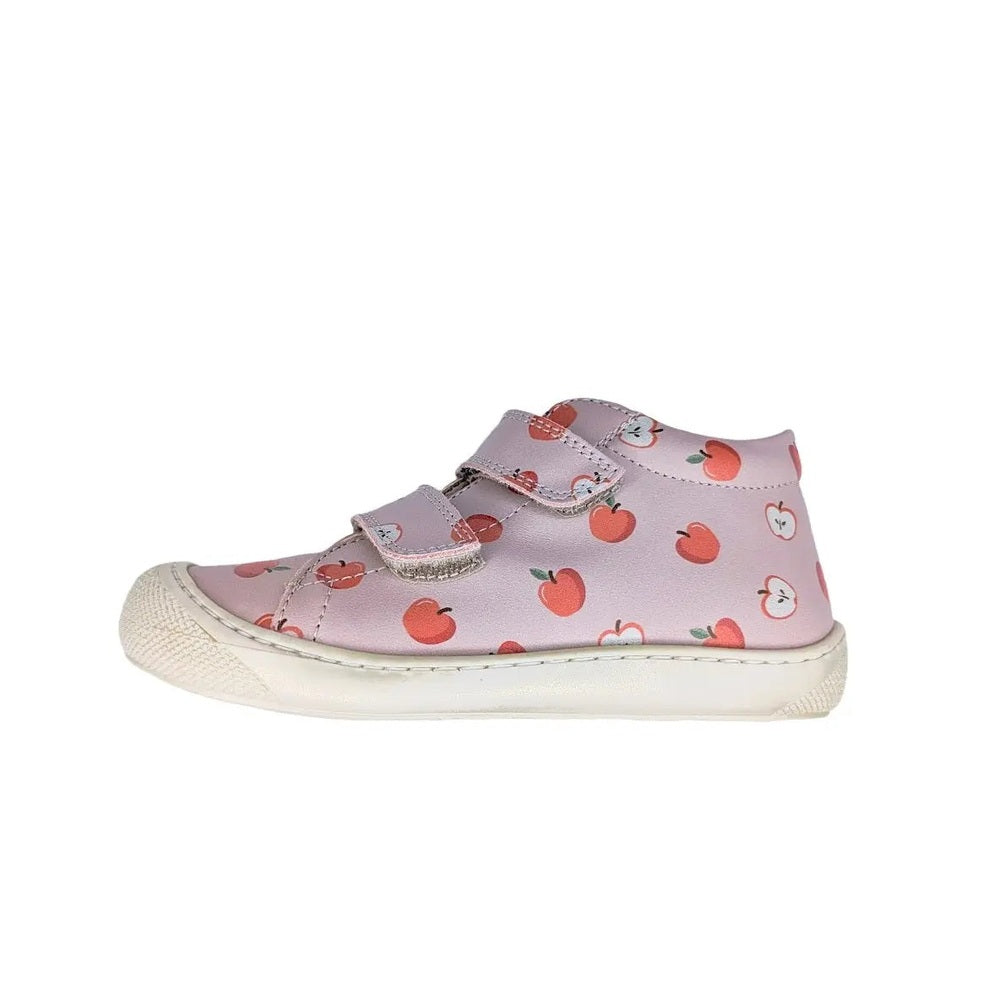Naturino Cocoon VL Calf Cipria Berry Red toddler shoe in pink leather with apple print and two Velcro straps