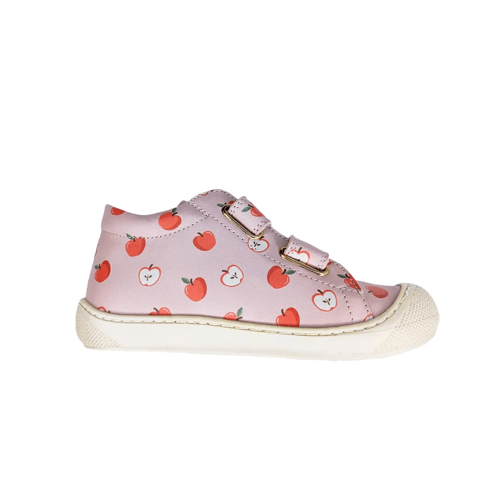 Naturino Cocoon Vl Calf Cipria Berry Red baby shoe in pink with red apple print, Velcro straps secured over a white sole