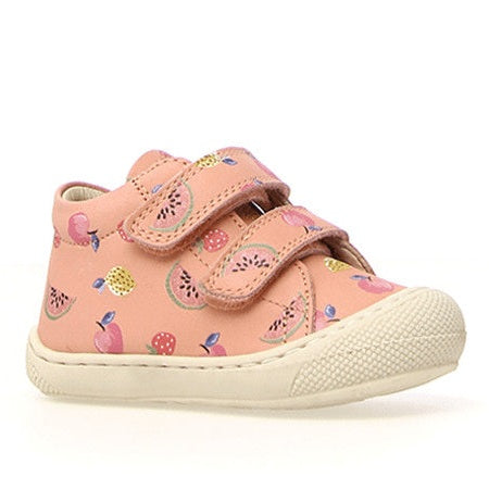 Naturino Cocoon Vl Calf Fresh Fruit Peach baby shoe in peach with fruit print and dual Velcro straps