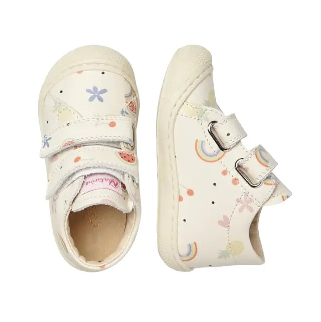 Naturino Cocoon Vl Cream baby shoes; cream leather with floral and rainbow print, Velcro straps fastened on both shoes