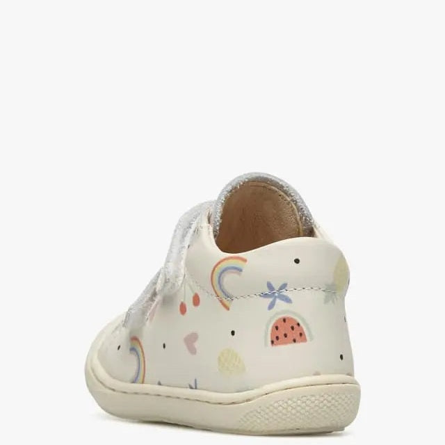 Naturino Cocoon Vl Cream baby shoe, cream with pastel rainbow and fruit prints, back view.
