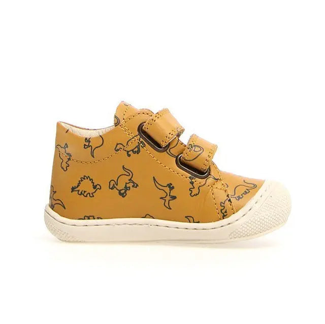 Naturino Cocoon Vl Dino toddler shoe in mustard yellow with dinosaur print, fastened by two velcro straps