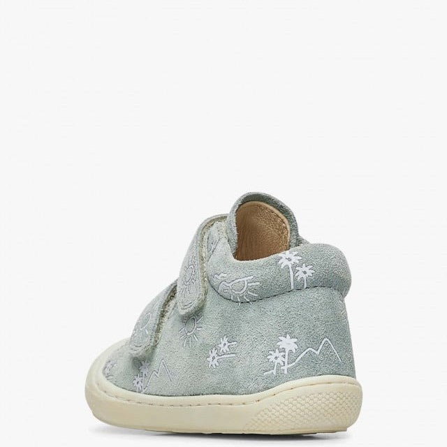 Naturino Cocoon Vl Suede Sahara Sage baby bootie with two Velcro straps, sage suede and white palm-tree embroidery