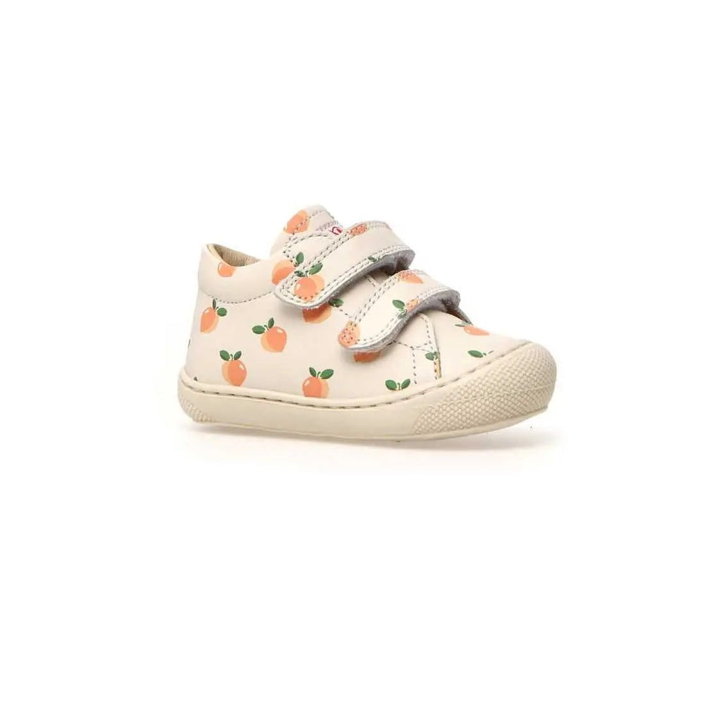 Naturino Cocoon Vl White Peach baby shoes with two Velcro straps fastened, peach print.