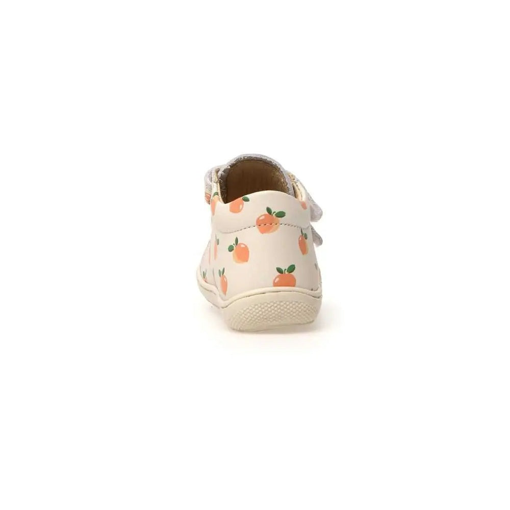 Naturino Cocoon Vl White Peach baby shoe, peach print, rear view with cream sole and hook-and-loop strap