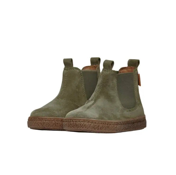Naturino Figus Suede Militare toddler boots in olive green suede with brown crepe sole and easy-on pull tabs