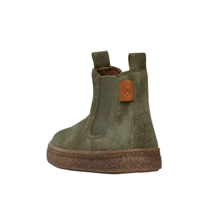 Naturino Figus Suede Militare baby/toddler boot in military green with brown sole and pull tabs.