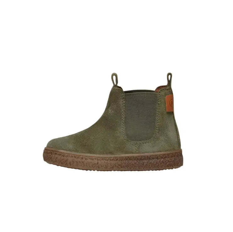 Naturino Figus Suede Militare toddler boot in olive green suede, brown sole, pull tabs for easy slip-on.