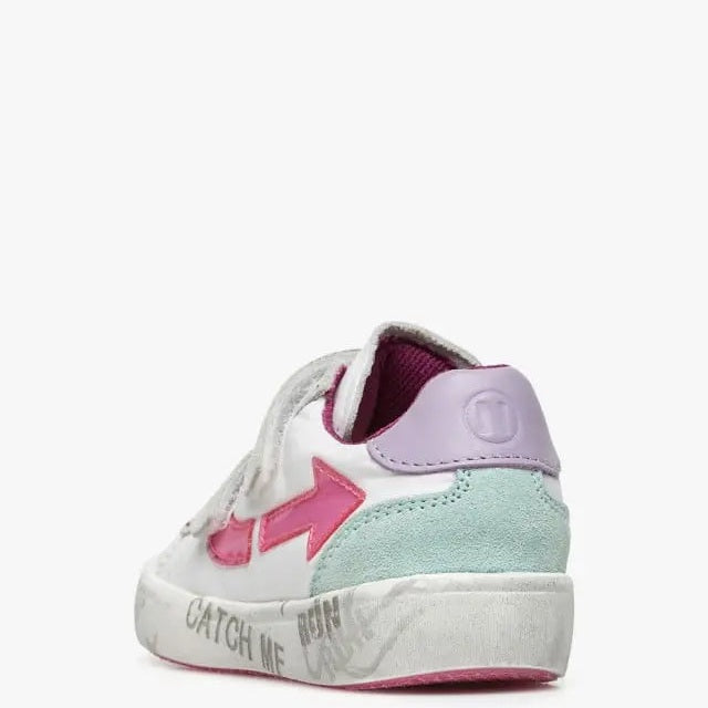 Naturino Kristil Vl White Pink toddler sneakers shown from rear, white with pink accents and mint suede heel.